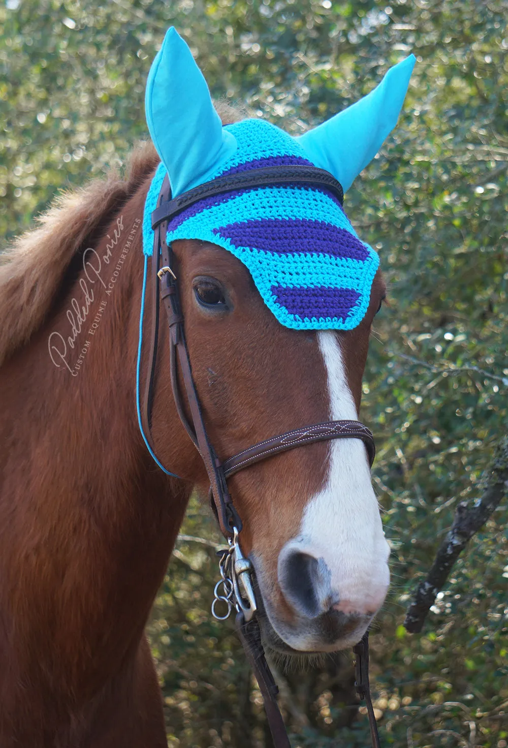 Aqua and Purple Stripe Fly Bonnet Horse Size