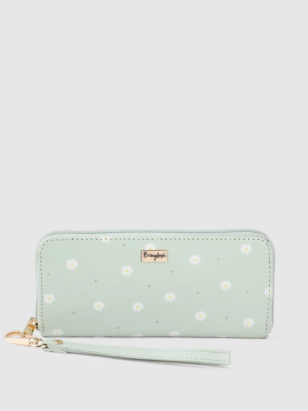 Berrylush Women Green & White Floral Printed PU Zip Around Long Wallet