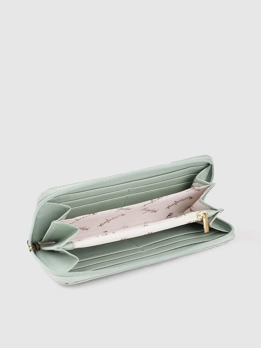 Berrylush Women Green & White Floral Printed PU Zip Around Long Wallet