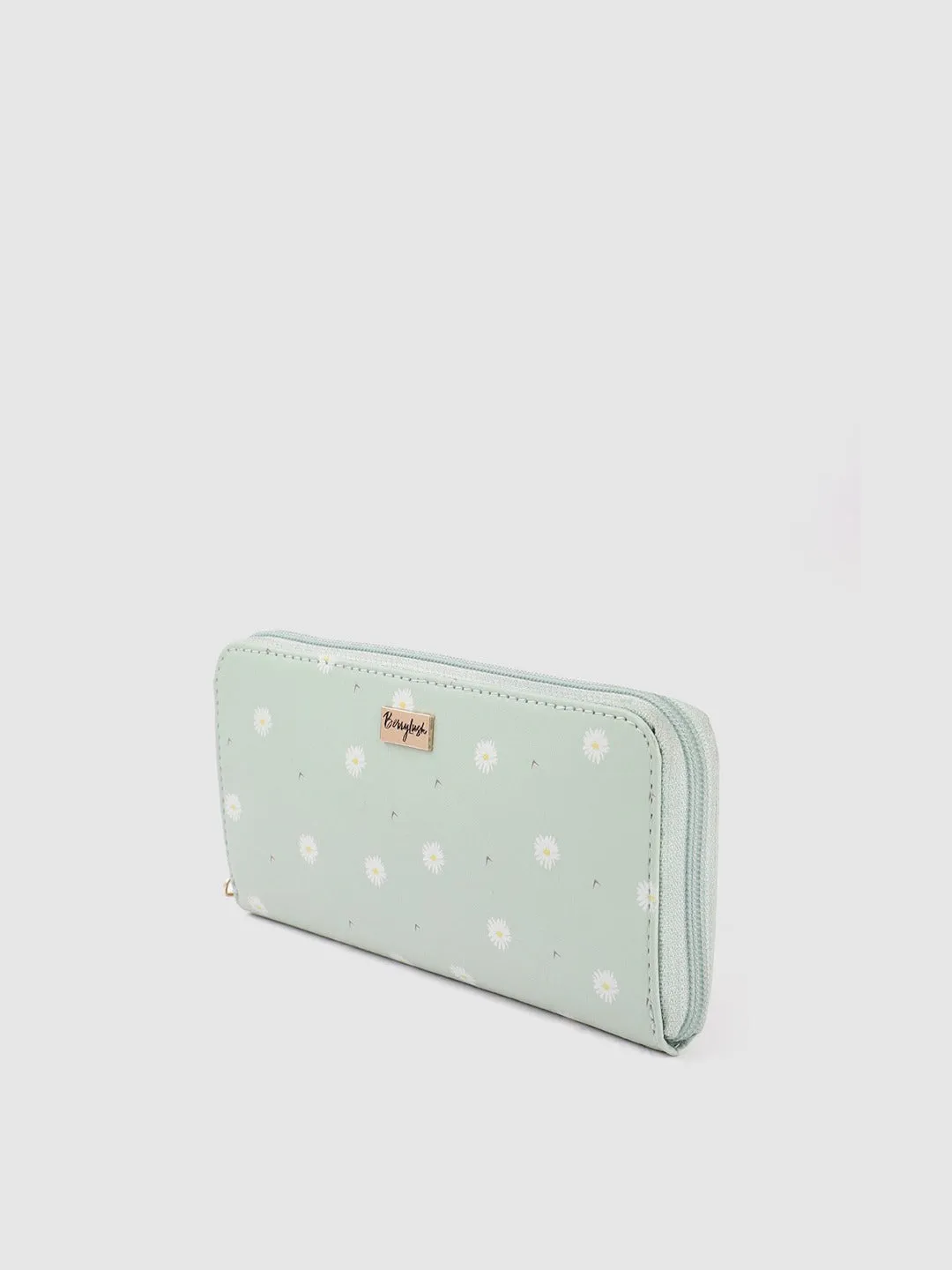 Berrylush Women Green & White Floral Printed PU Zip Around Long Wallet