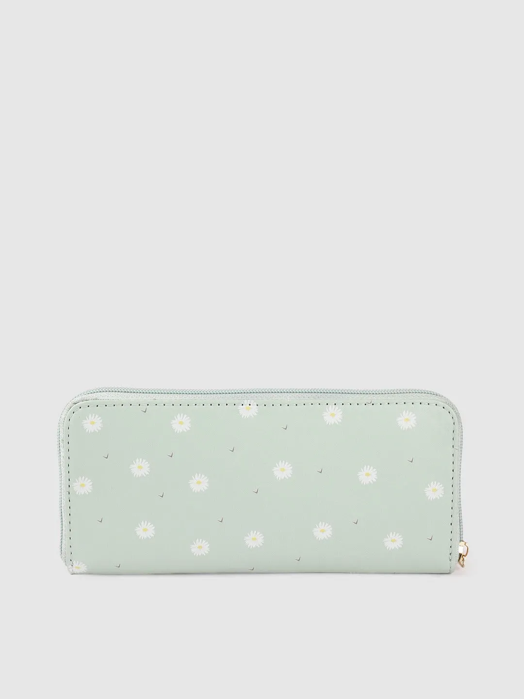 Berrylush Women Green & White Floral Printed PU Zip Around Long Wallet