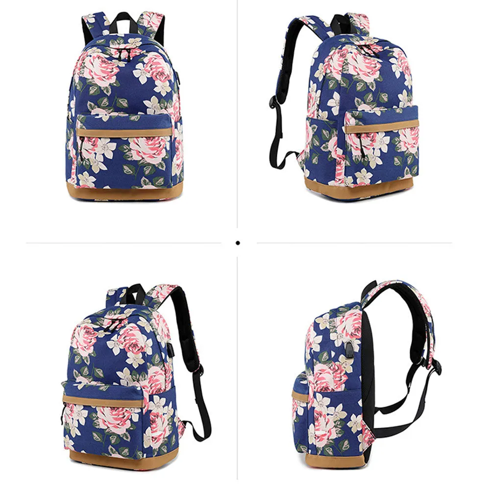 Classical Floral Backpack Set with Charger for School Girls Laptop Bookbag Daypack