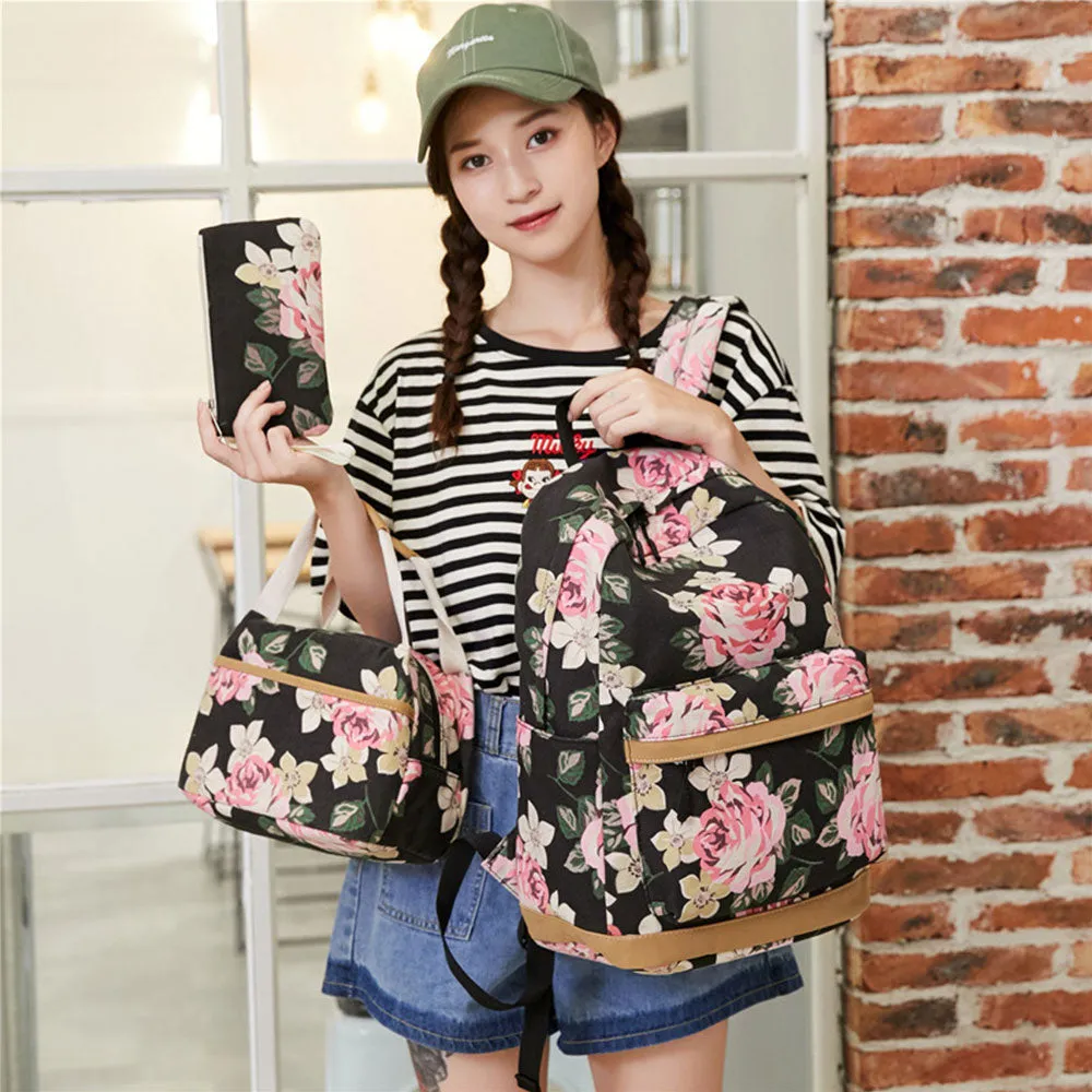 Classical Floral Backpack Set with Charger for School Girls Laptop Bookbag Daypack