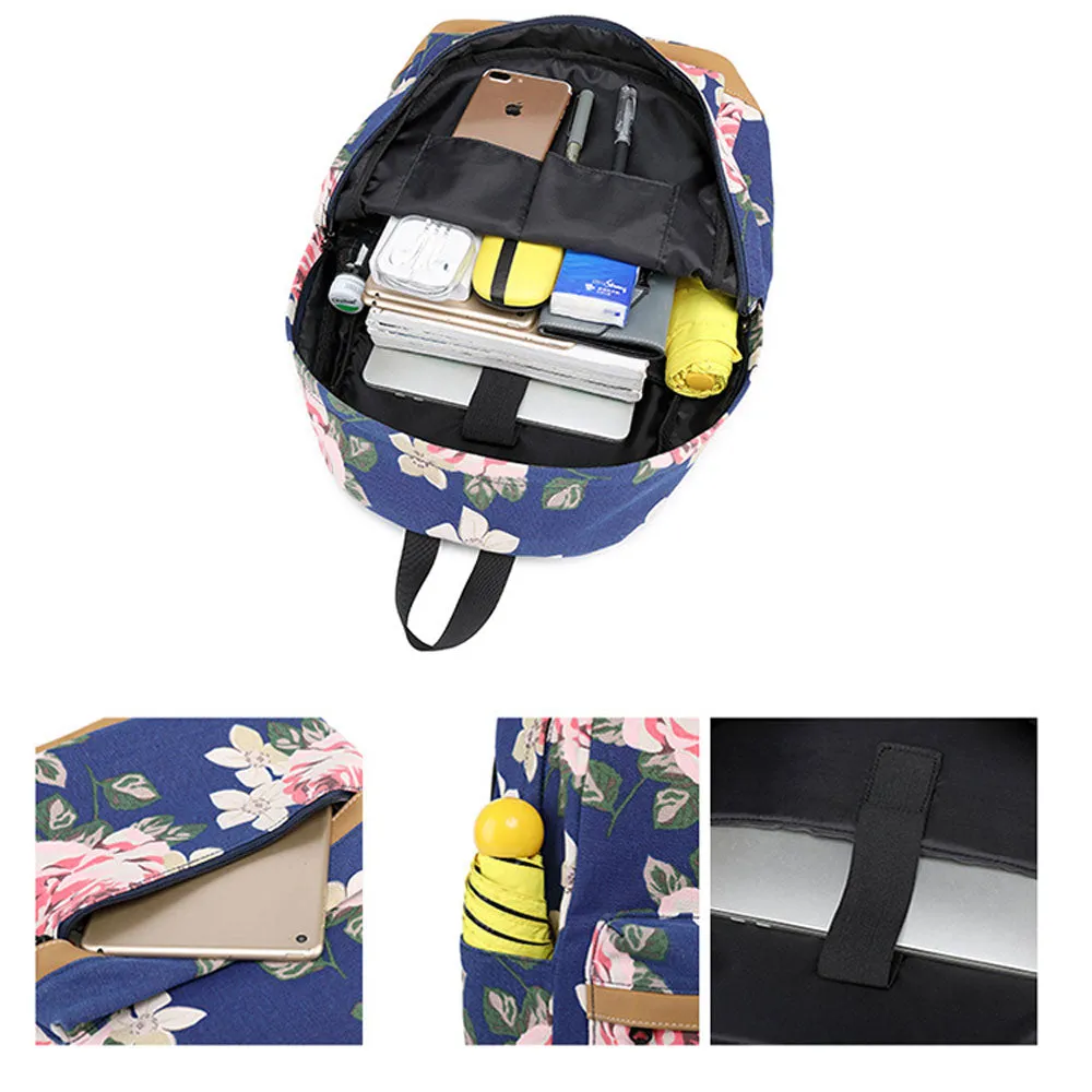 Classical Floral Backpack Set with Charger for School Girls Laptop Bookbag Daypack