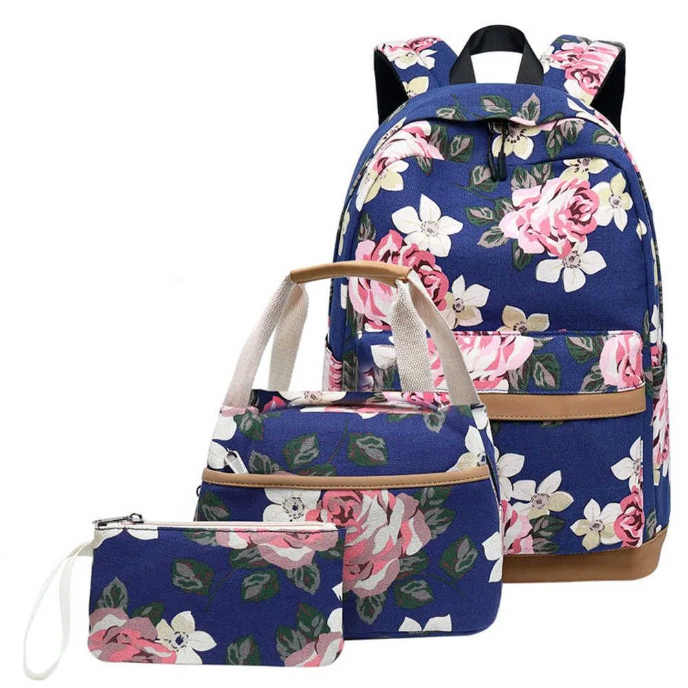 Classical Floral Backpack Set with Charger for School Girls Laptop Bookbag Daypack
