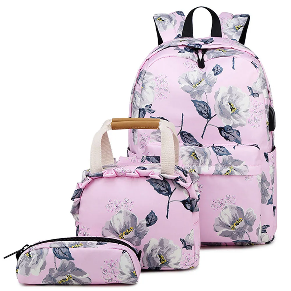 Classical Floral Backpack Set with Charger for School Girls Laptop Bookbag Daypack