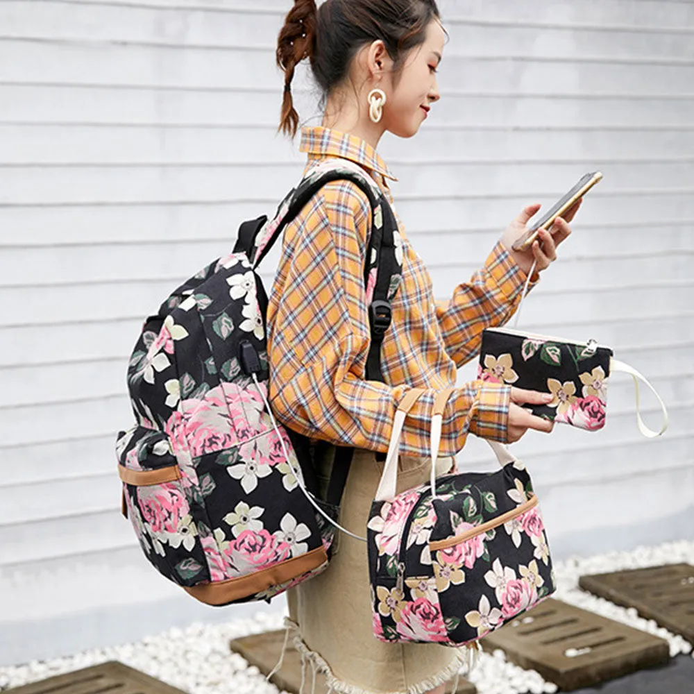 Classical Floral Backpack Set with Charger for School Girls Laptop Bookbag Daypack
