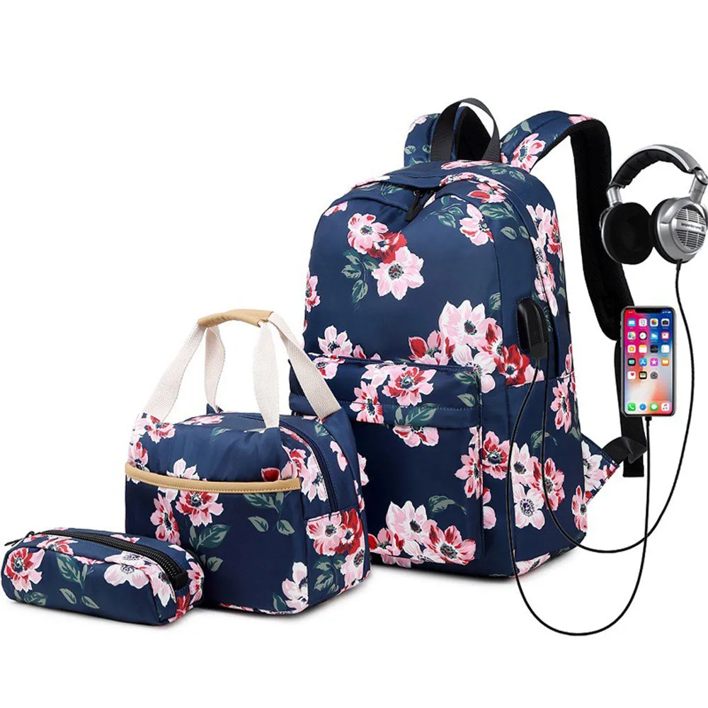 Classical Floral Backpack Set with Charger for School Girls Laptop Bookbag Daypack
