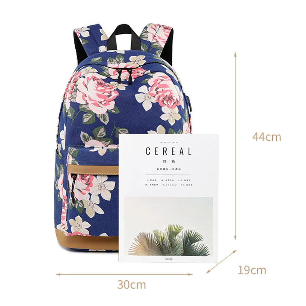 Classical Floral Backpack Set with Charger for School Girls Laptop Bookbag Daypack