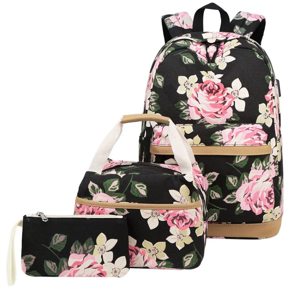 Classical Floral Backpack Set with Charger for School Girls Laptop Bookbag Daypack