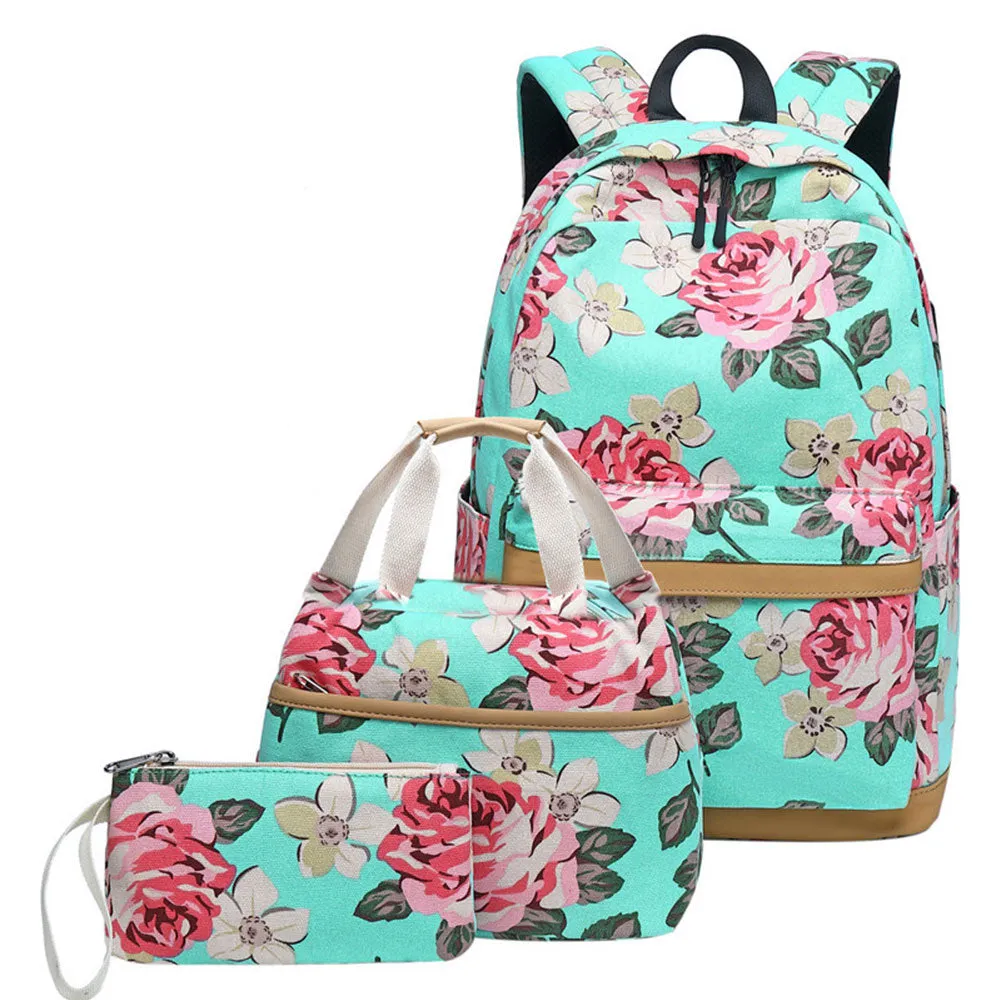 Classical Floral Backpack Set with Charger for School Girls Laptop Bookbag Daypack