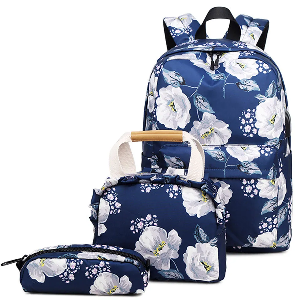 Classical Floral Backpack Set with Charger for School Girls Laptop Bookbag Daypack
