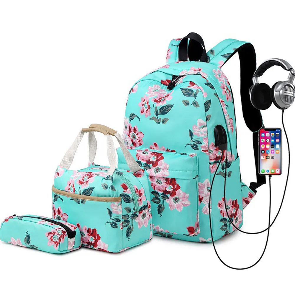 Classical Floral Backpack Set with Charger for School Girls Laptop Bookbag Daypack