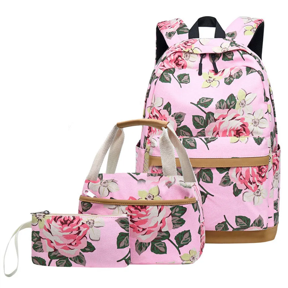 Classical Floral Backpack Set with Charger for School Girls Laptop Bookbag Daypack