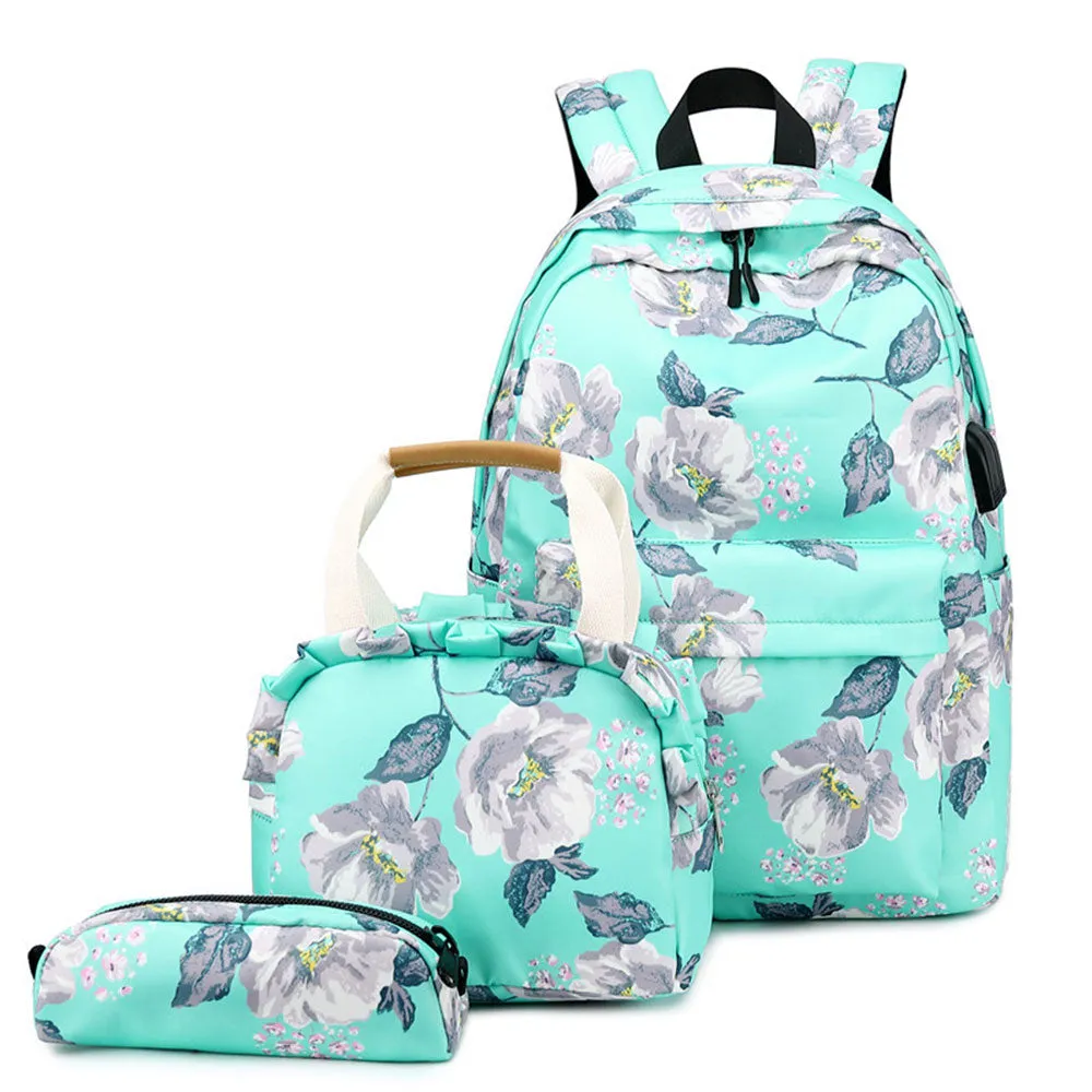 Classical Floral Backpack Set with Charger for School Girls Laptop Bookbag Daypack