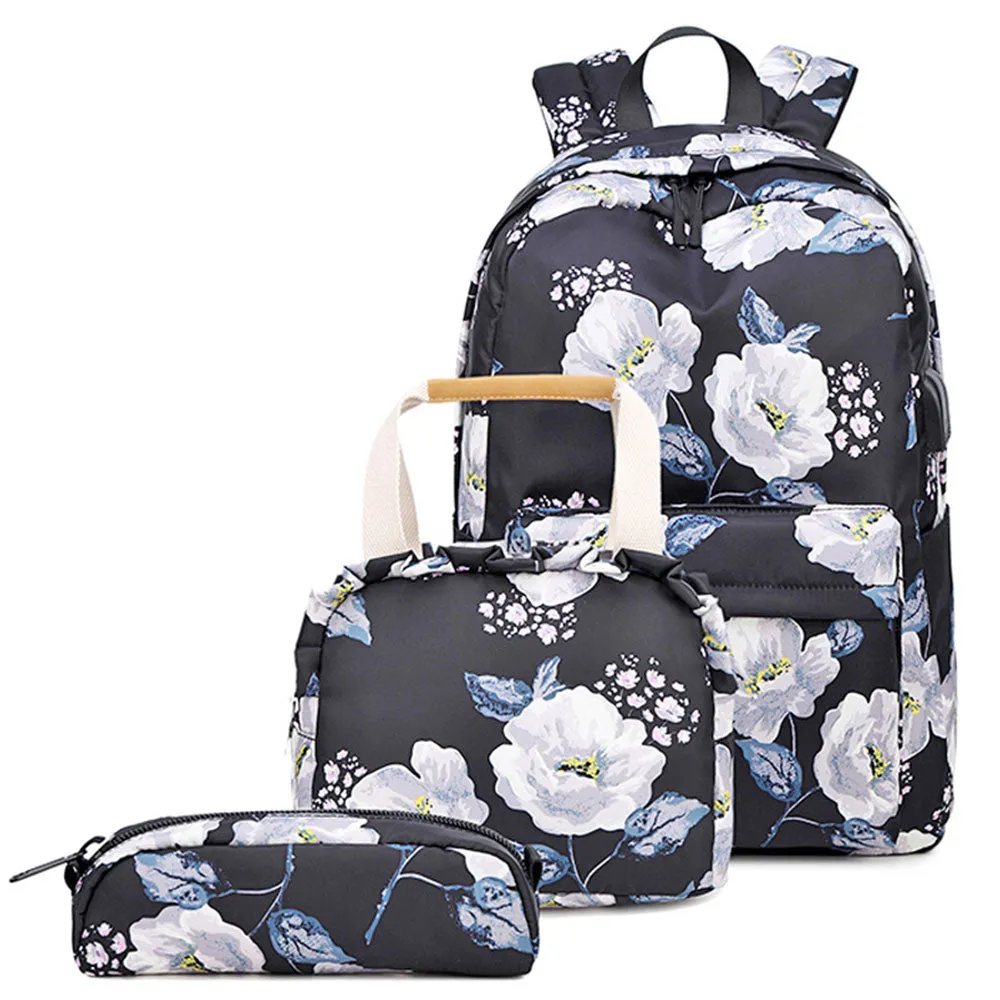 Classical Floral Backpack Set with Charger for School Girls Laptop Bookbag Daypack