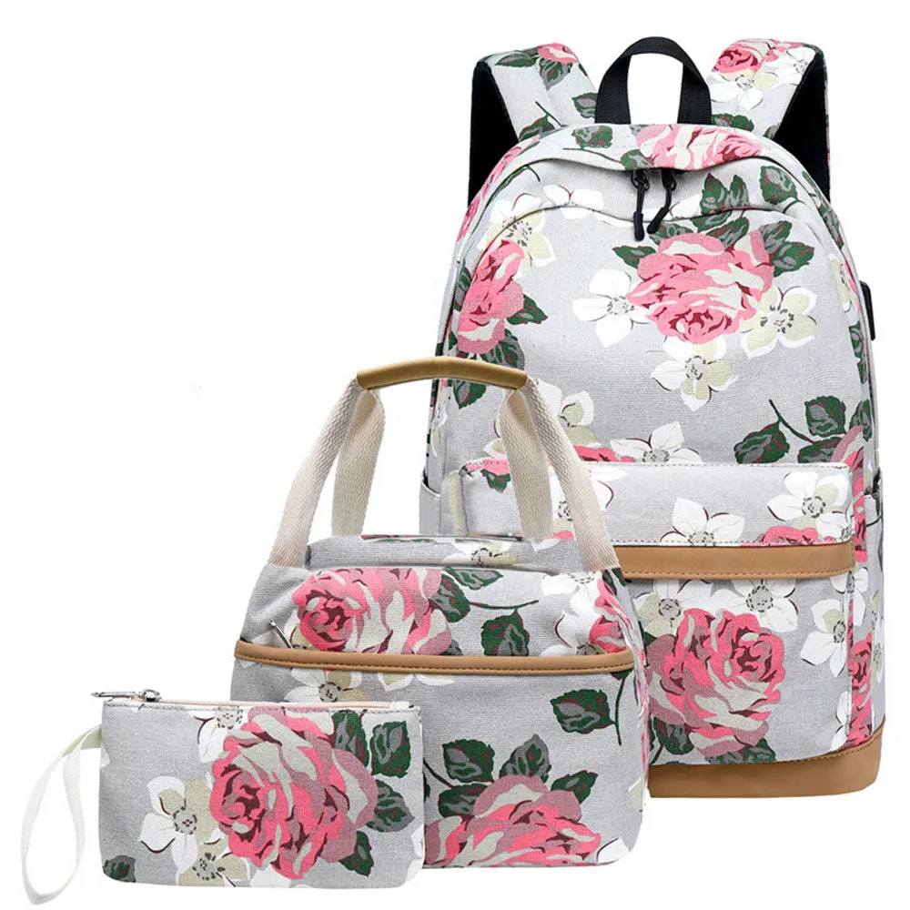 Classical Floral Backpack Set with Charger for School Girls Laptop Bookbag Daypack