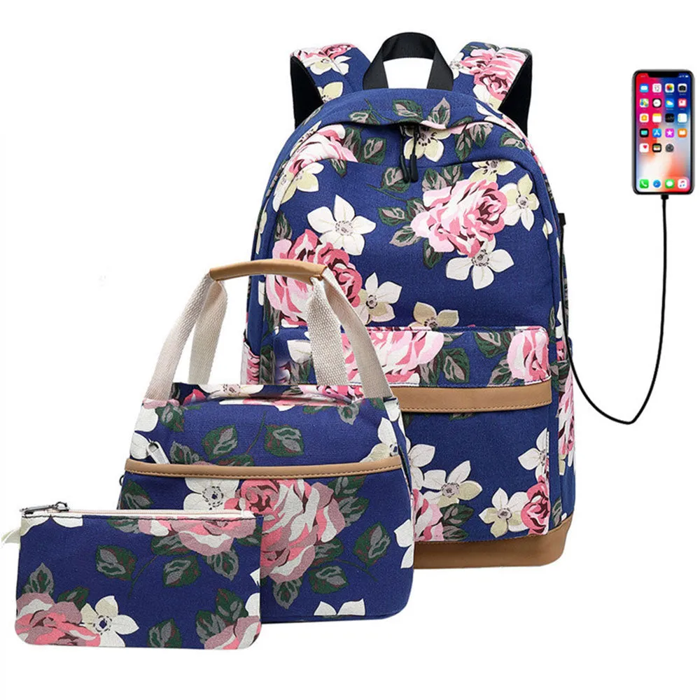 Classical Floral Backpack Set with Charger for School Girls Laptop Bookbag Daypack