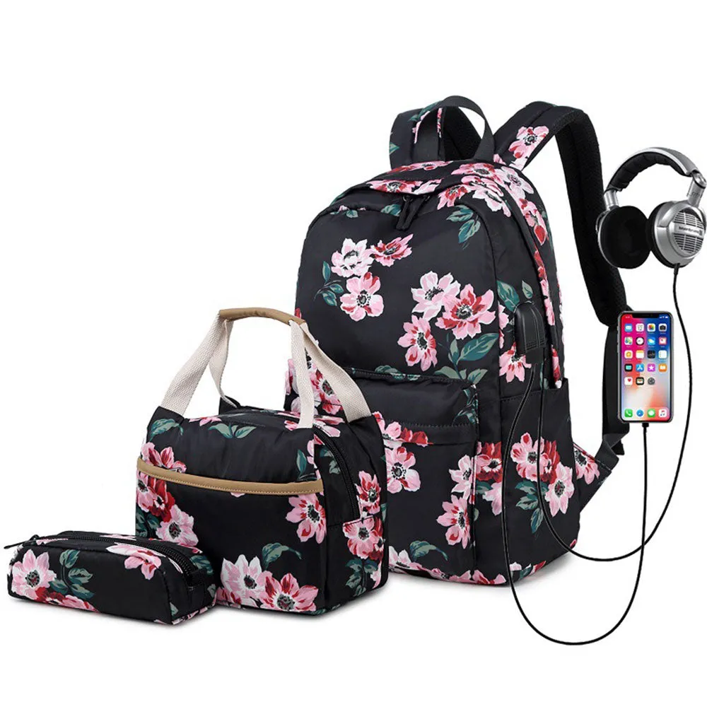 Classical Floral Backpack Set with Charger for School Girls Laptop Bookbag Daypack