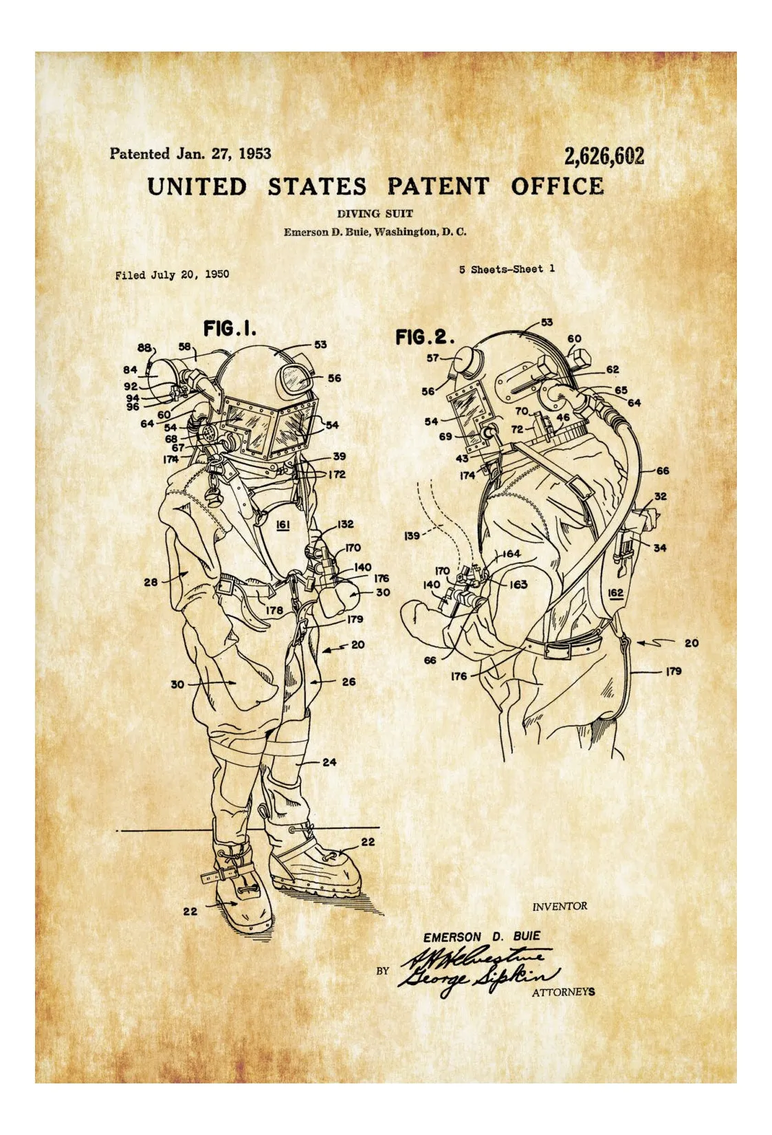 Diving Suit Patent - Patent Print, Wall Decor, Diver Gift, Scuba Gift, Scuba Diver, Deep Sea Diver, Nautical Decor, Beach House Decor
