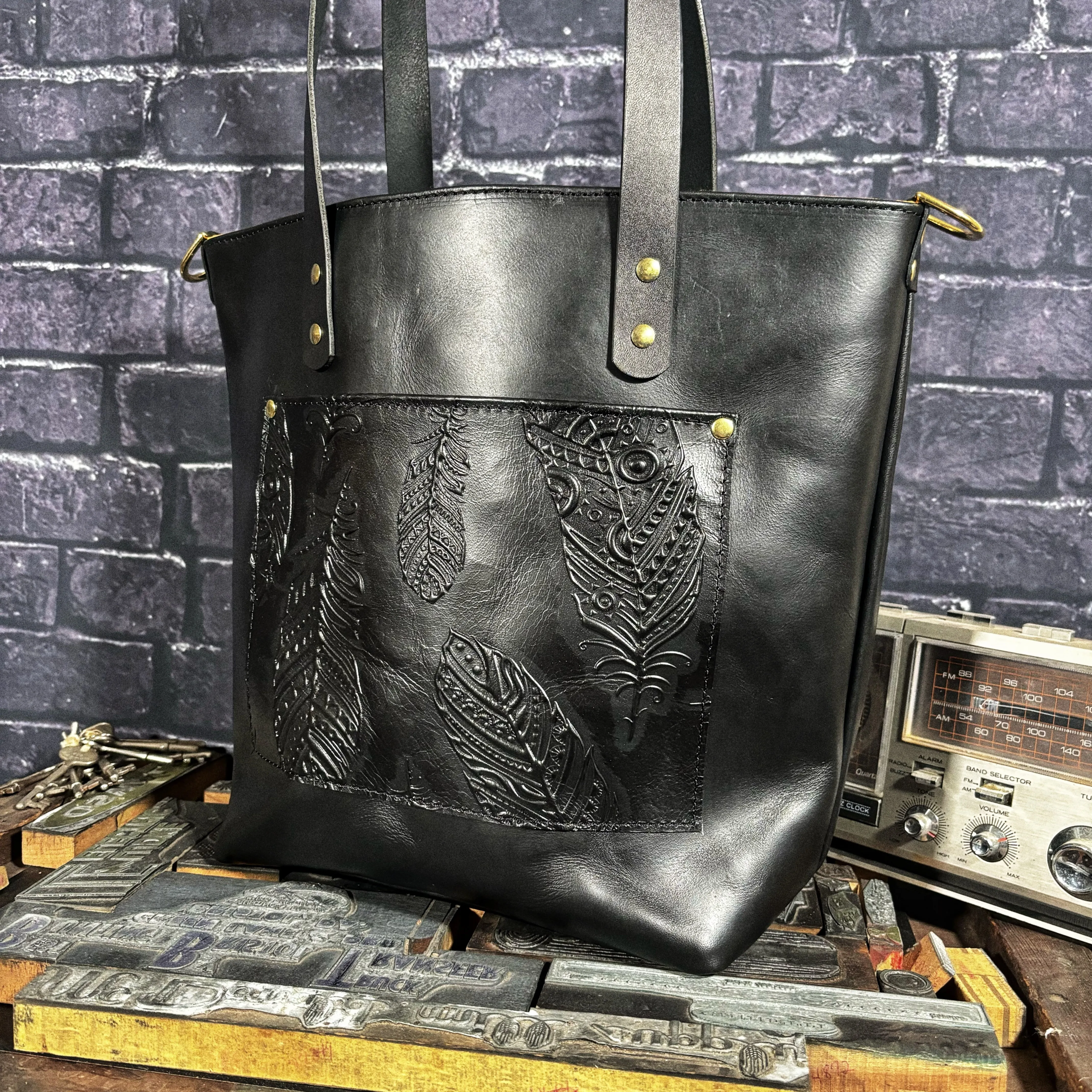 Handmade One of a Kind Skull and Crossbones Full Grain Black Leather Tote Bag