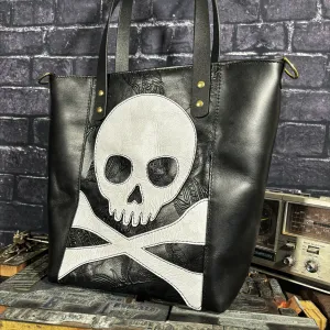 Handmade One of a Kind Skull and Crossbones Full Grain Black Leather Tote Bag