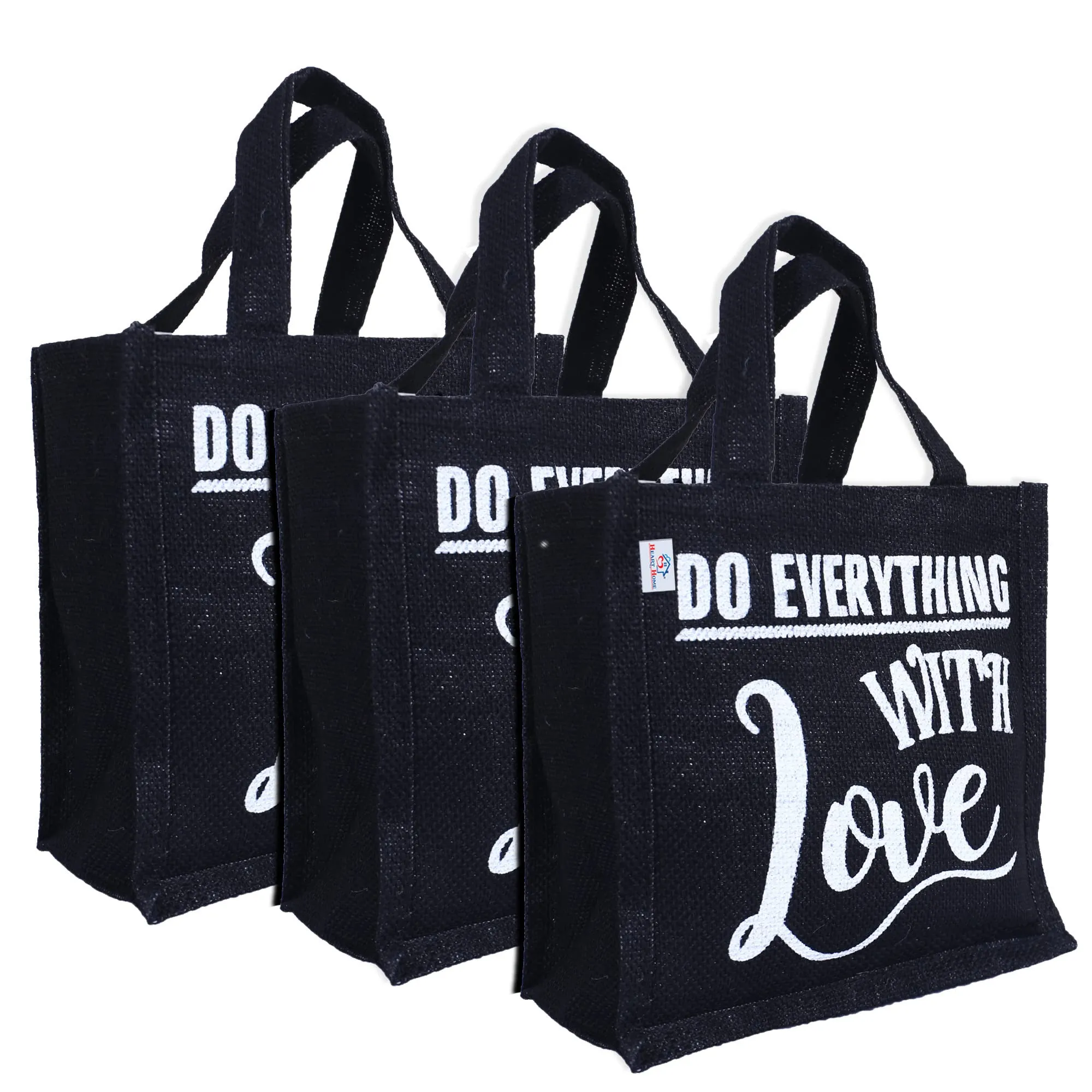 Heart Home Lunch Bag|Reusable Jute Fabric Tote Bag|Do Everything with Love Print Tiffin Carry Hand Bag with Handle for Office,School,Gift,Pack of 3 (Black)