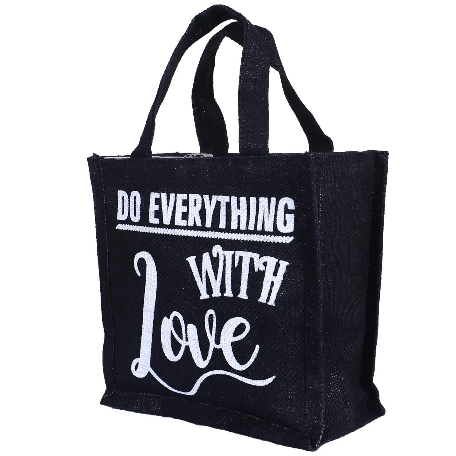 Heart Home Lunch Bag|Reusable Jute Fabric Tote Bag|Do Everything with Love Print Tiffin Carry Hand Bag with Handle for Office,School,Gift,Pack of 3 (Black)