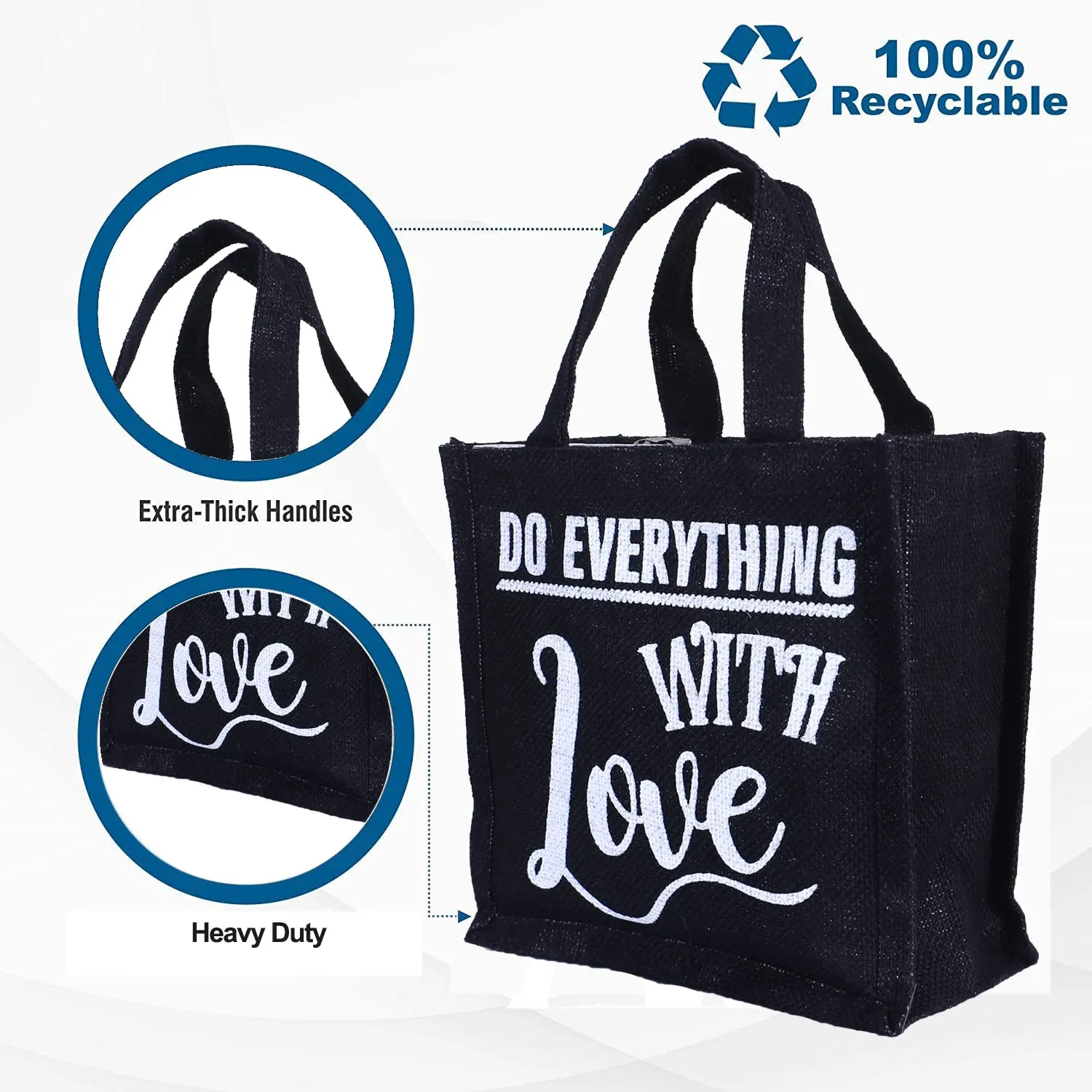 Heart Home Lunch Bag|Reusable Jute Fabric Tote Bag|Do Everything with Love Print Tiffin Carry Hand Bag with Handle for Office,School,Gift,Pack of 3 (Black)