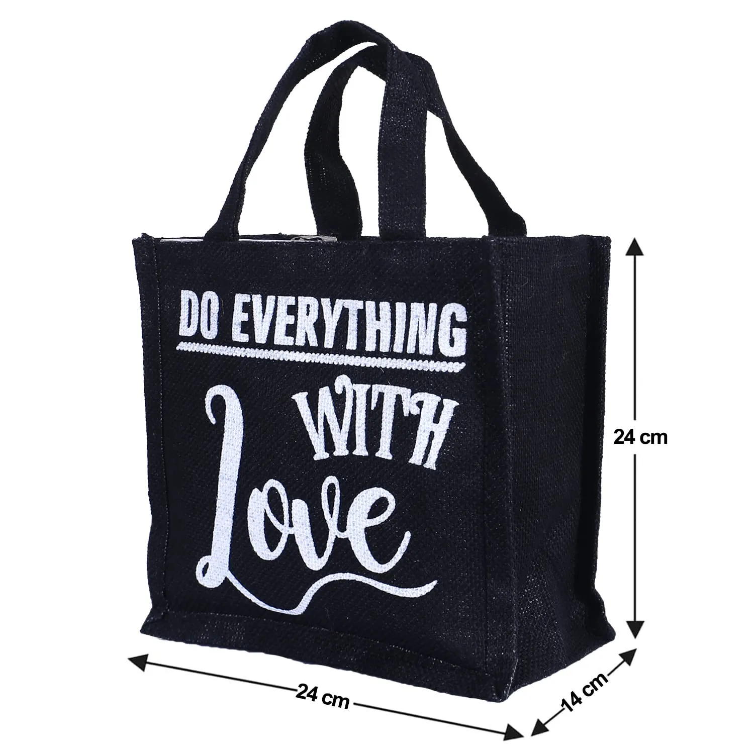 Heart Home Lunch Bag|Reusable Jute Fabric Tote Bag|Do Everything with Love Print Tiffin Carry Hand Bag with Handle for Office,School,Gift,Pack of 3 (Black)