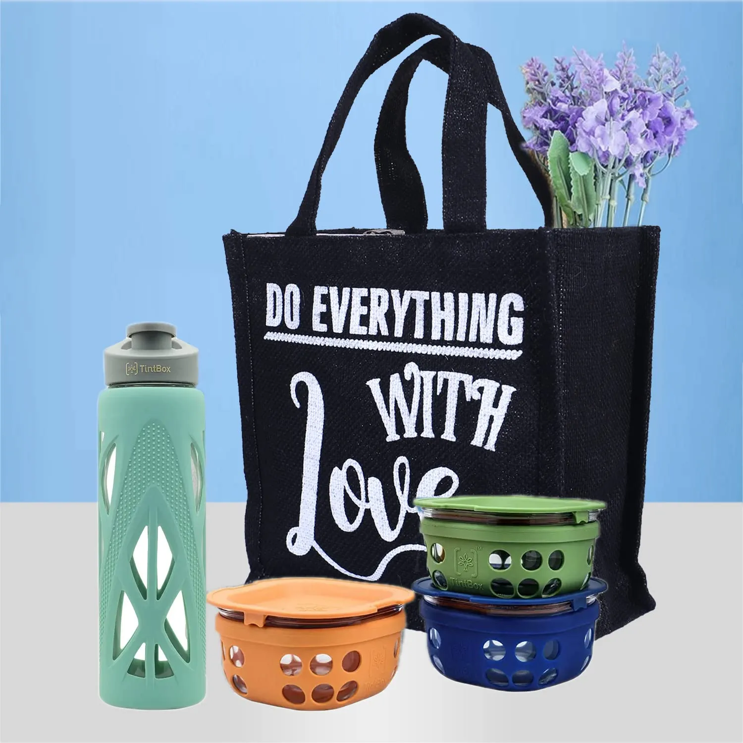 Heart Home Lunch Bag|Reusable Jute Fabric Tote Bag|Do Everything with Love Print Tiffin Carry Hand Bag with Handle for Office,School,Gift,Pack of 3 (Black)