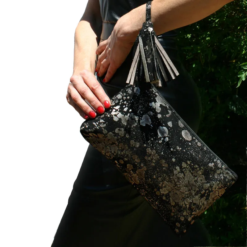 Large Tassel Clutch - Black Metallic Splash