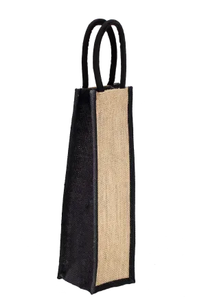 Natural and black colour jute bottle bag with rope handle - (35.5 x 10 x10 cm)