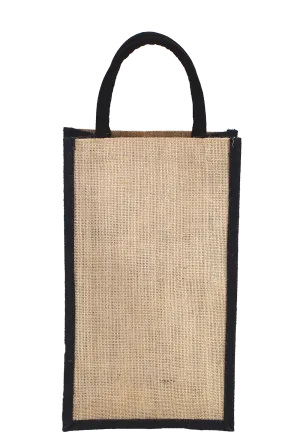 Natural and black colour jute bottle bag with rope handle - (35.5 x 21 x 10 cm)