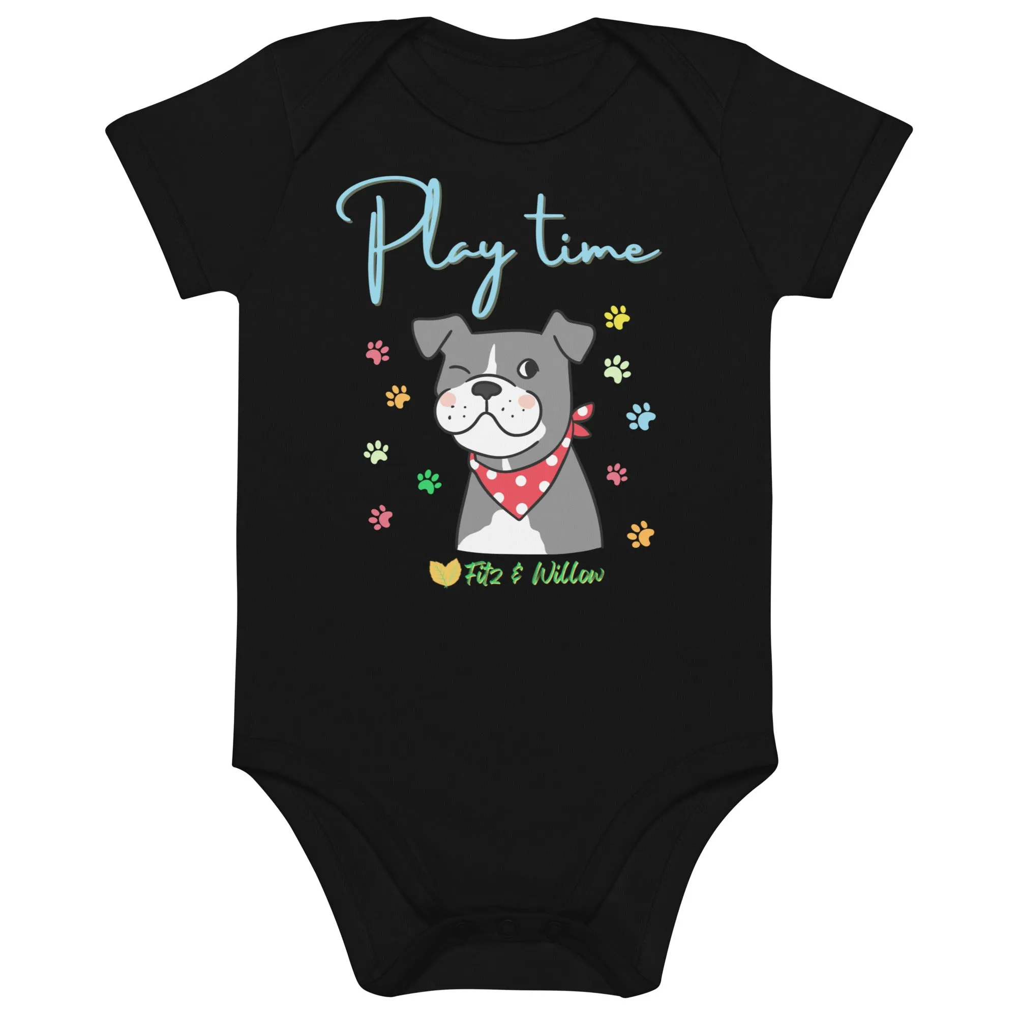 Organic cotton baby bodysuit, Dog Play time - Fitz & Willow