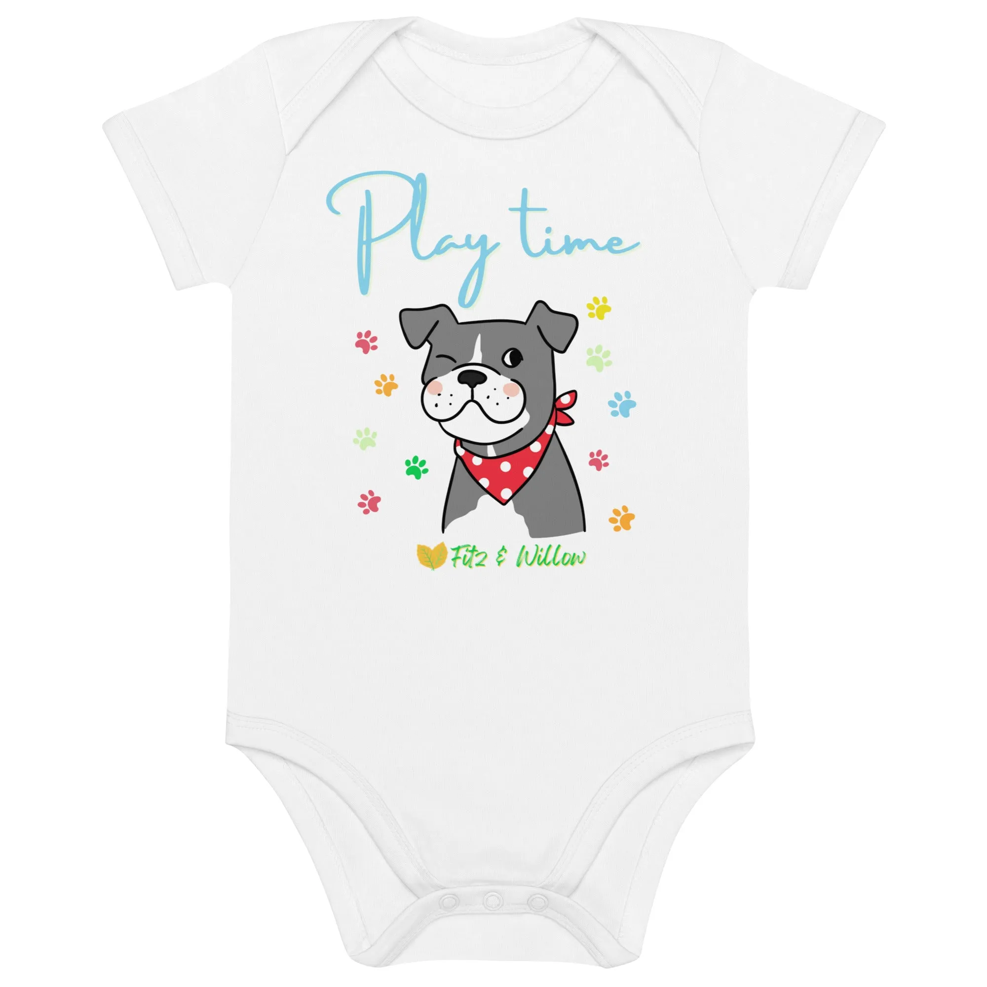 Organic cotton baby bodysuit, Dog Play time - Fitz & Willow