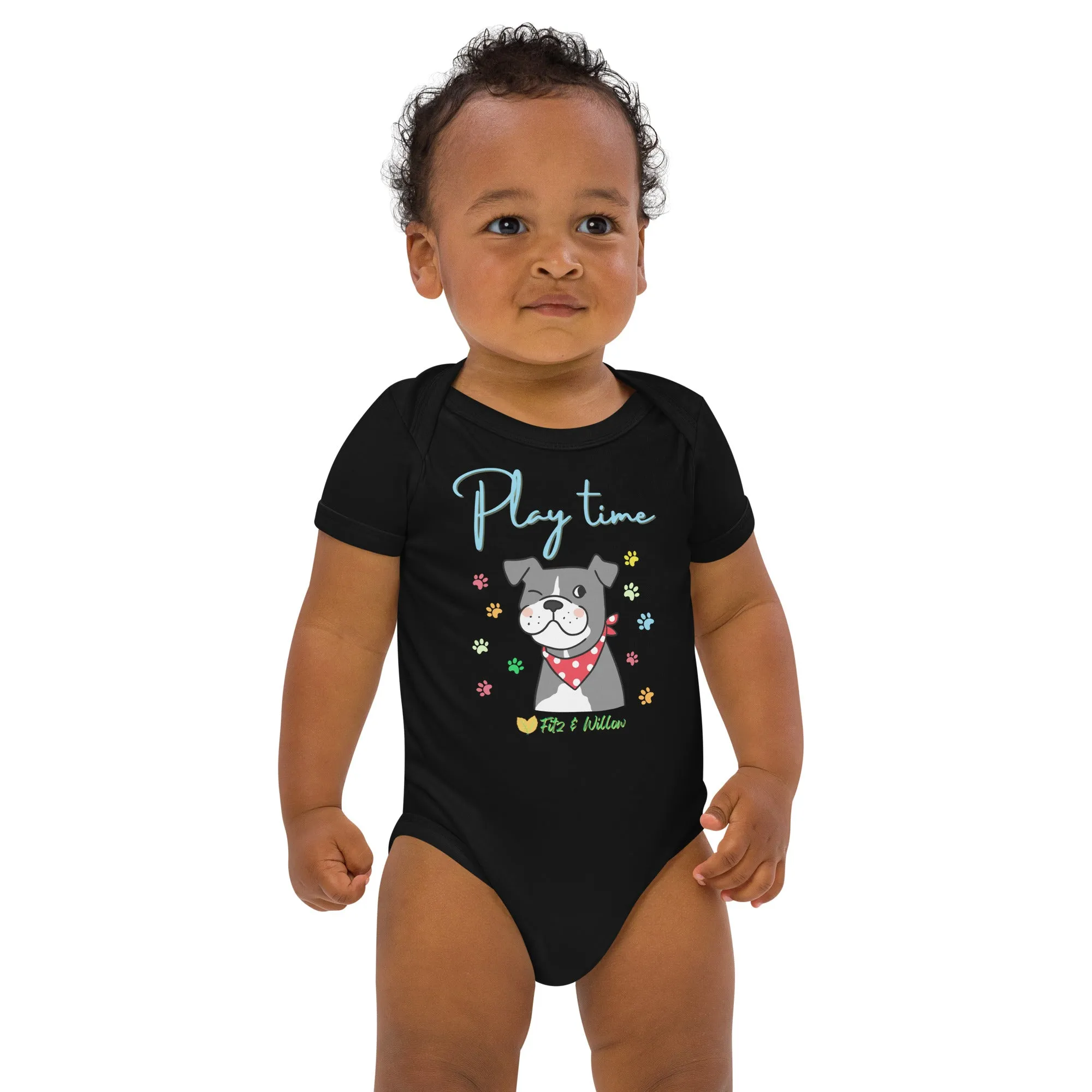 Organic cotton baby bodysuit, Dog Play time - Fitz & Willow