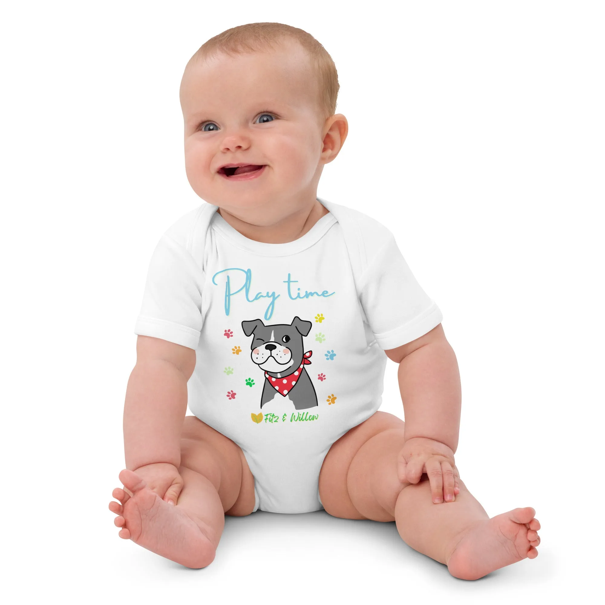 Organic cotton baby bodysuit, Dog Play time - Fitz & Willow