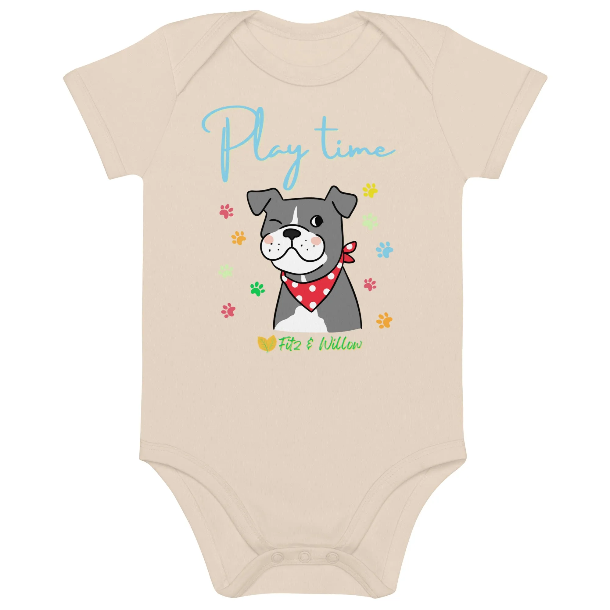Organic cotton baby bodysuit, Dog Play time - Fitz & Willow