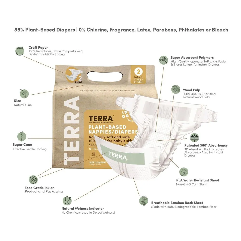 Terra 8-Pack Natural Plant-Based Eco-Friendly Diapers - 176 diapers, 22 count per pack (Size 2, Infant)