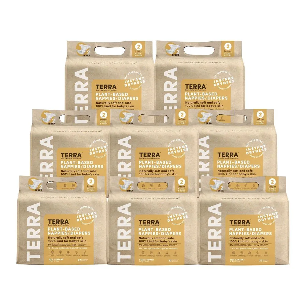 Terra 8-Pack Natural Plant-Based Eco-Friendly Diapers - 176 diapers, 22 count per pack (Size 2, Infant)